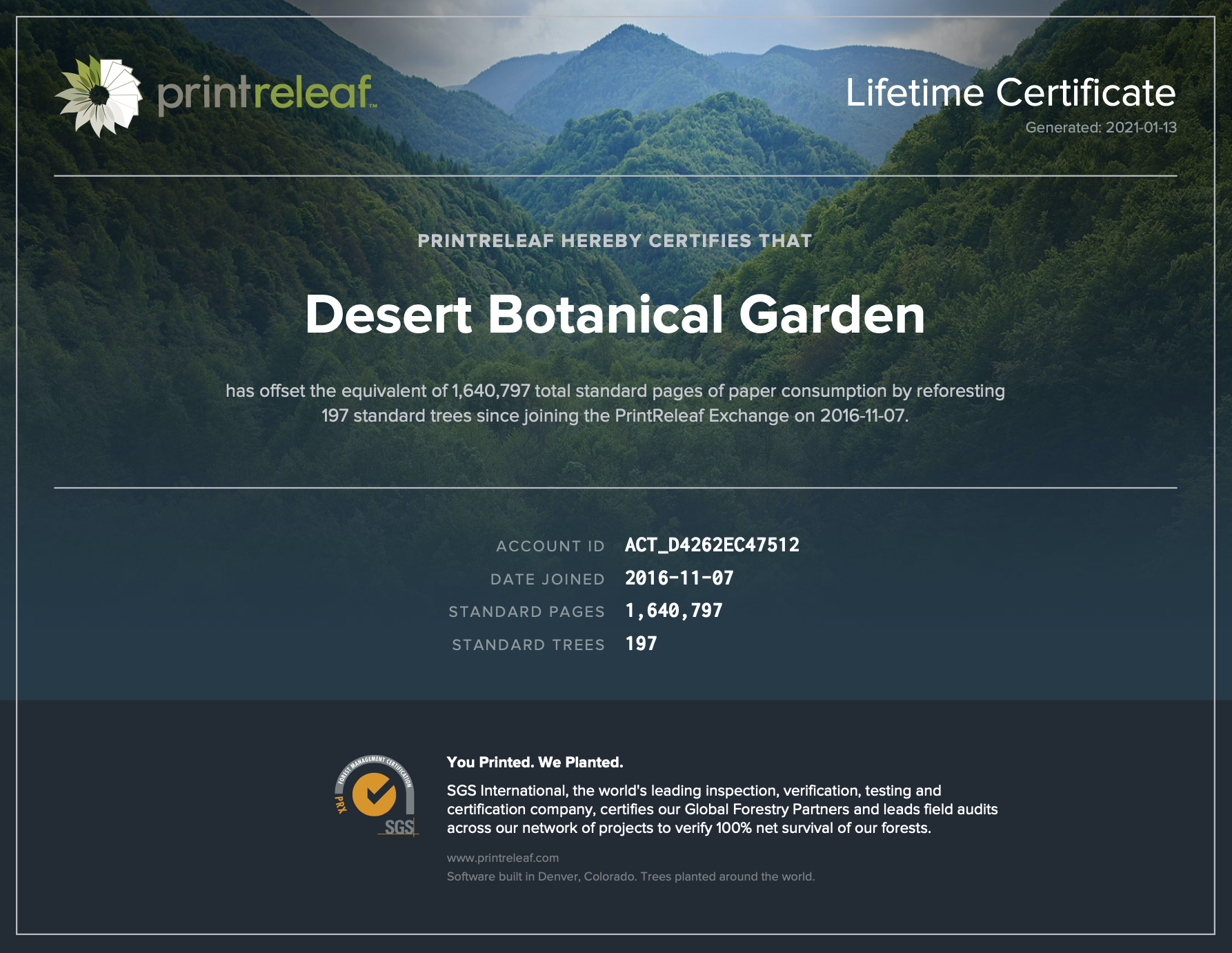 Desert Botanical Garden PrintReleaf Certificate